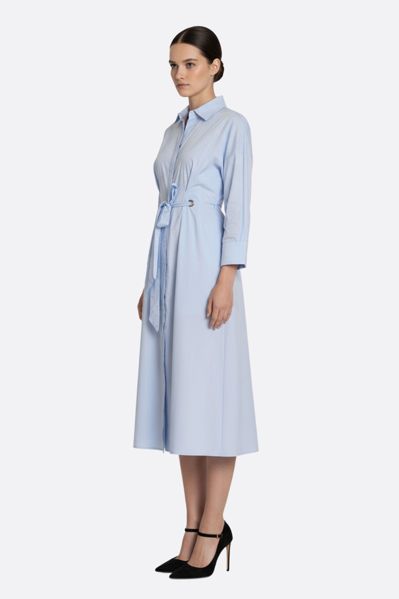 Sky Blue Longline Shirt Dress with Belted Waist