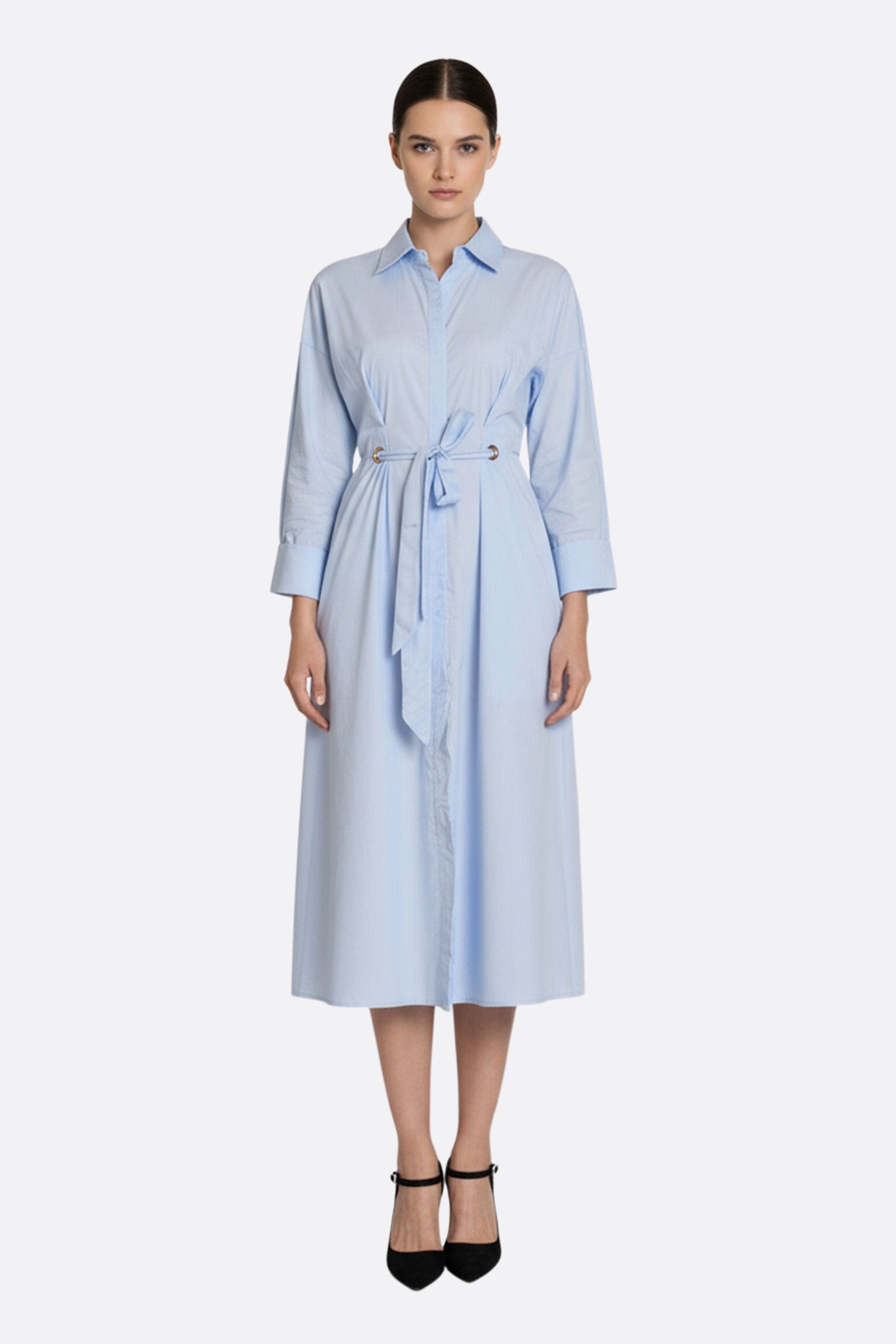 Sky Blue Longline Shirt Dress with Belted Waist