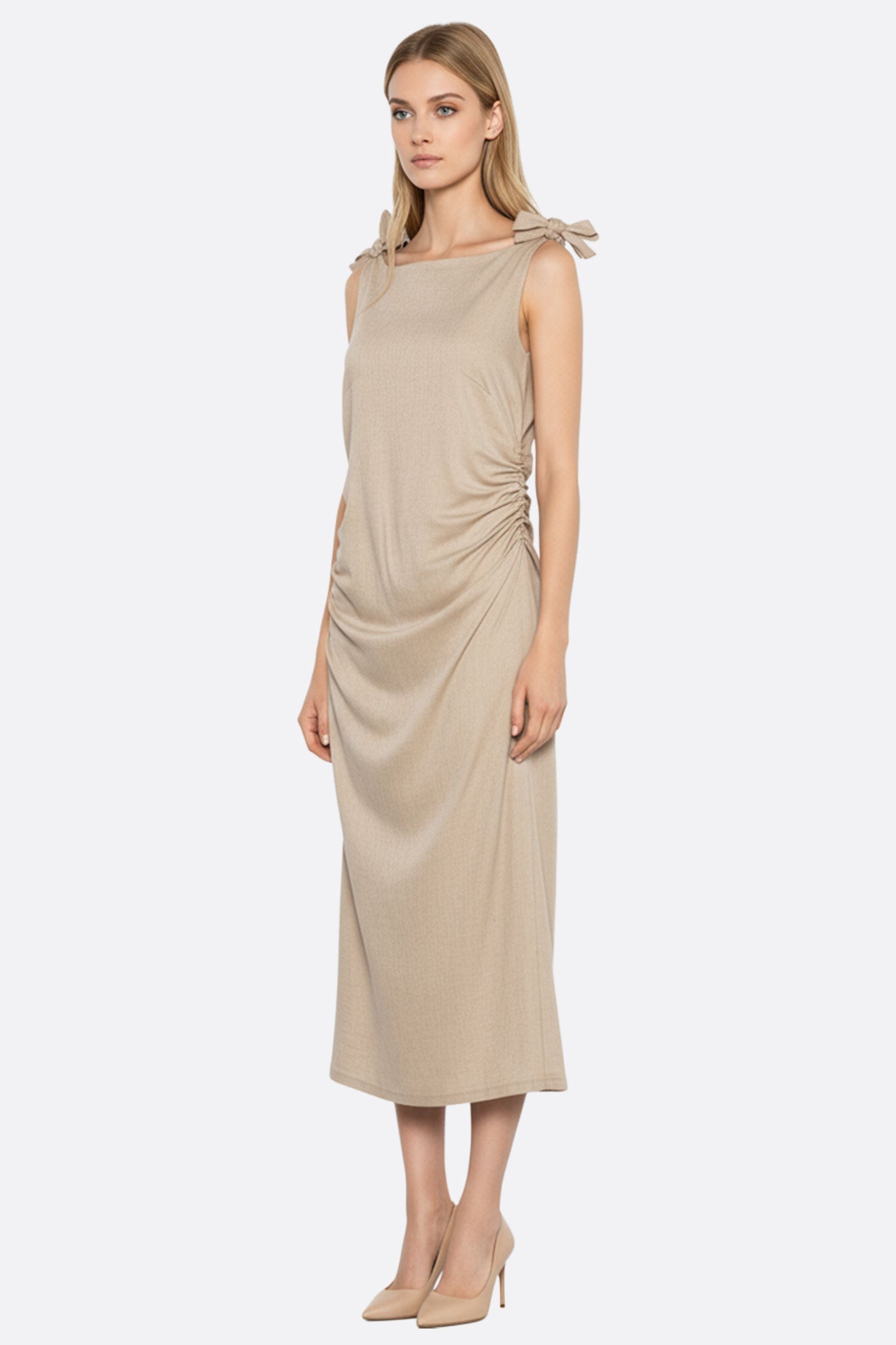 Beige Shoulder Tie Linen Midi Dress