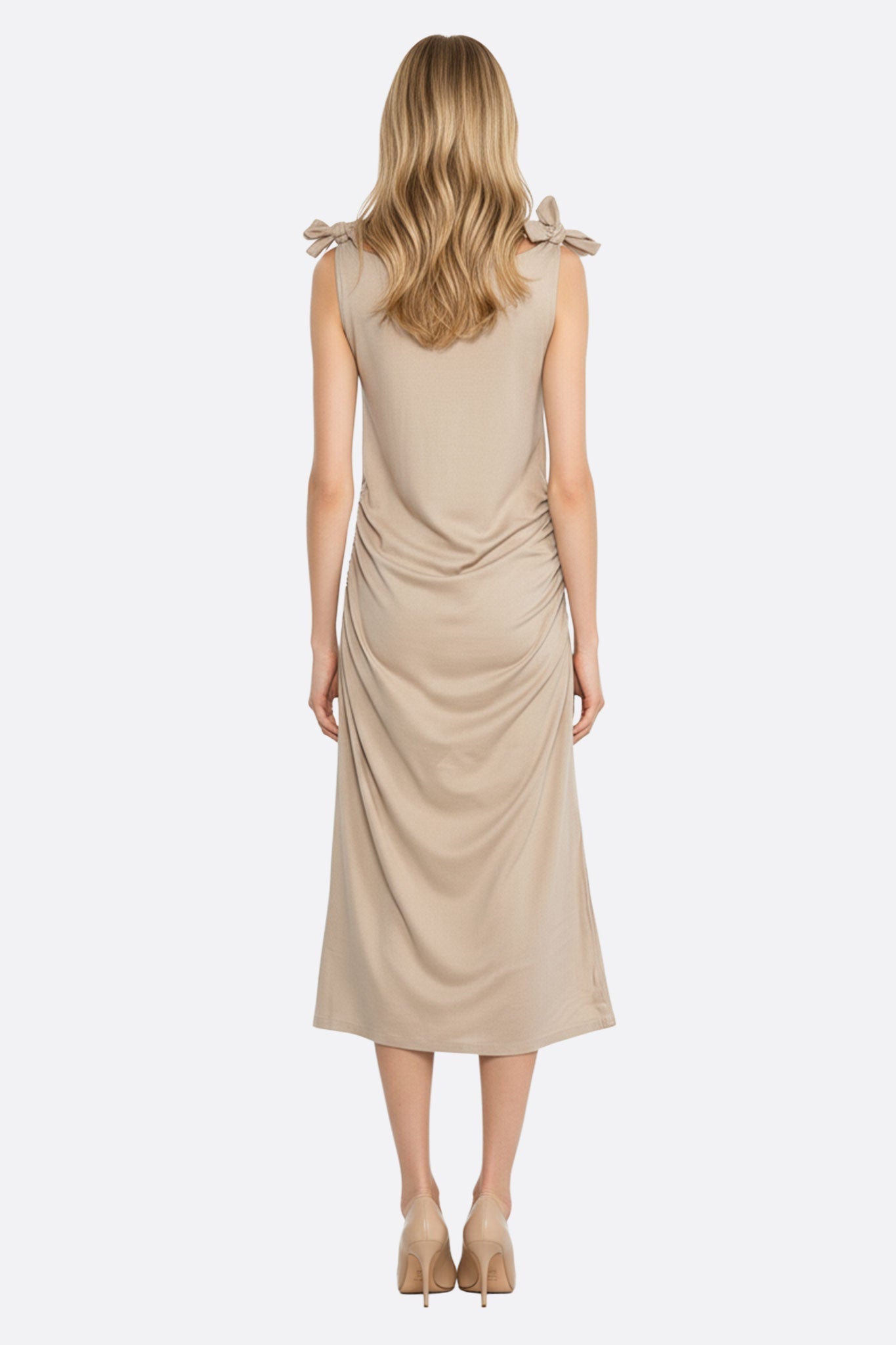 Beige Shoulder Tie Linen Midi Dress