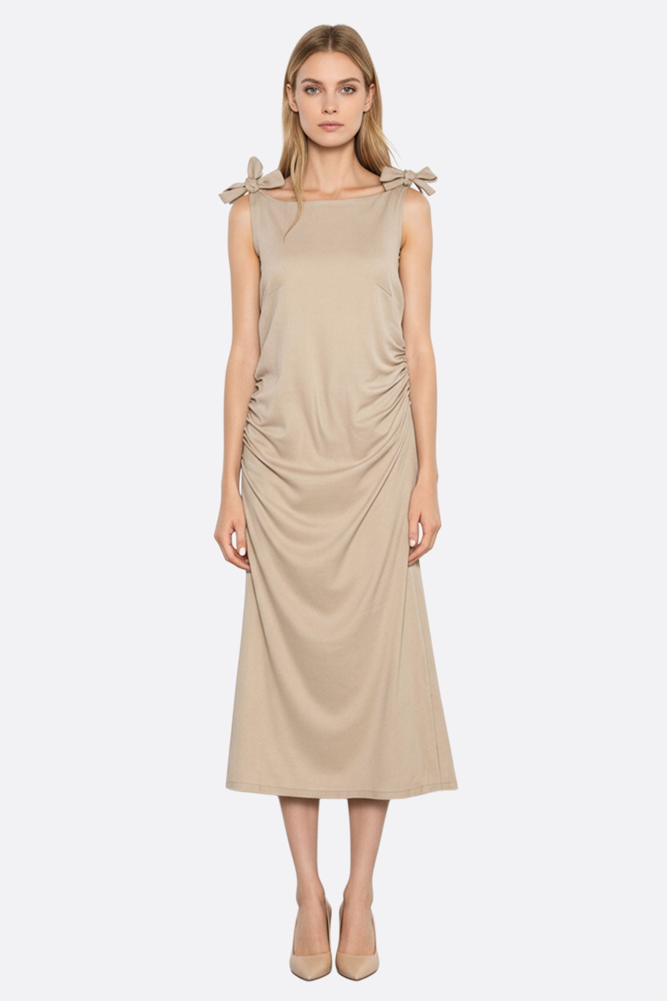 Beige Shoulder Tie Linen Midi Dress