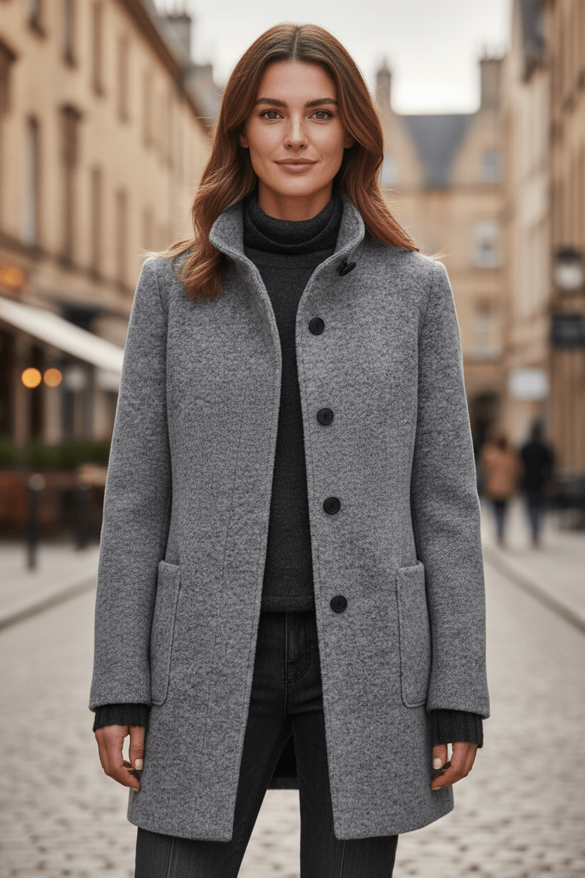 Elara | Women’s Wool-Blend Coat with Stand Collar and Timeless Silhouette