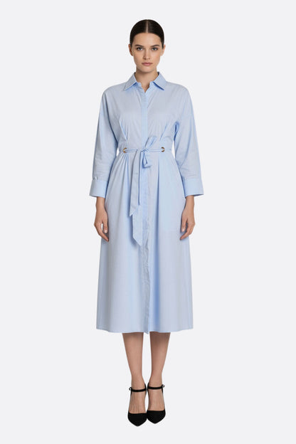 Sky Blue Longline Shirt Dress with Belted Waist