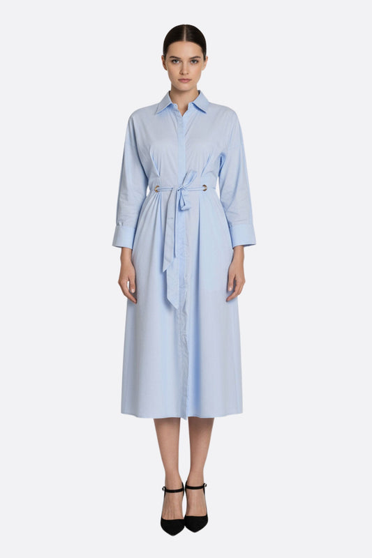 Sky Blue Longline Shirt Dress with Belted Waist