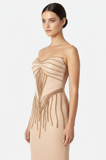Beige Embroidered Mermaid Maxi Dress