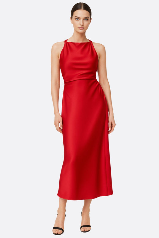 Red Satin Halter-Neck Maxi Dress