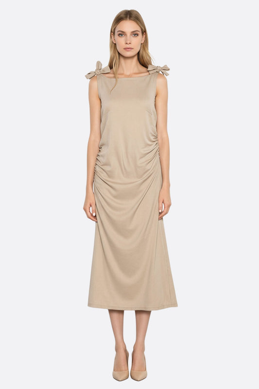 Beige Shoulder Tie Linen Midi Dress